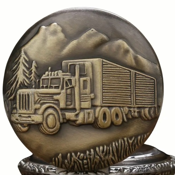 antique style pocket watch with a bronze finish and a truck design on the front - Picture 5 of 11